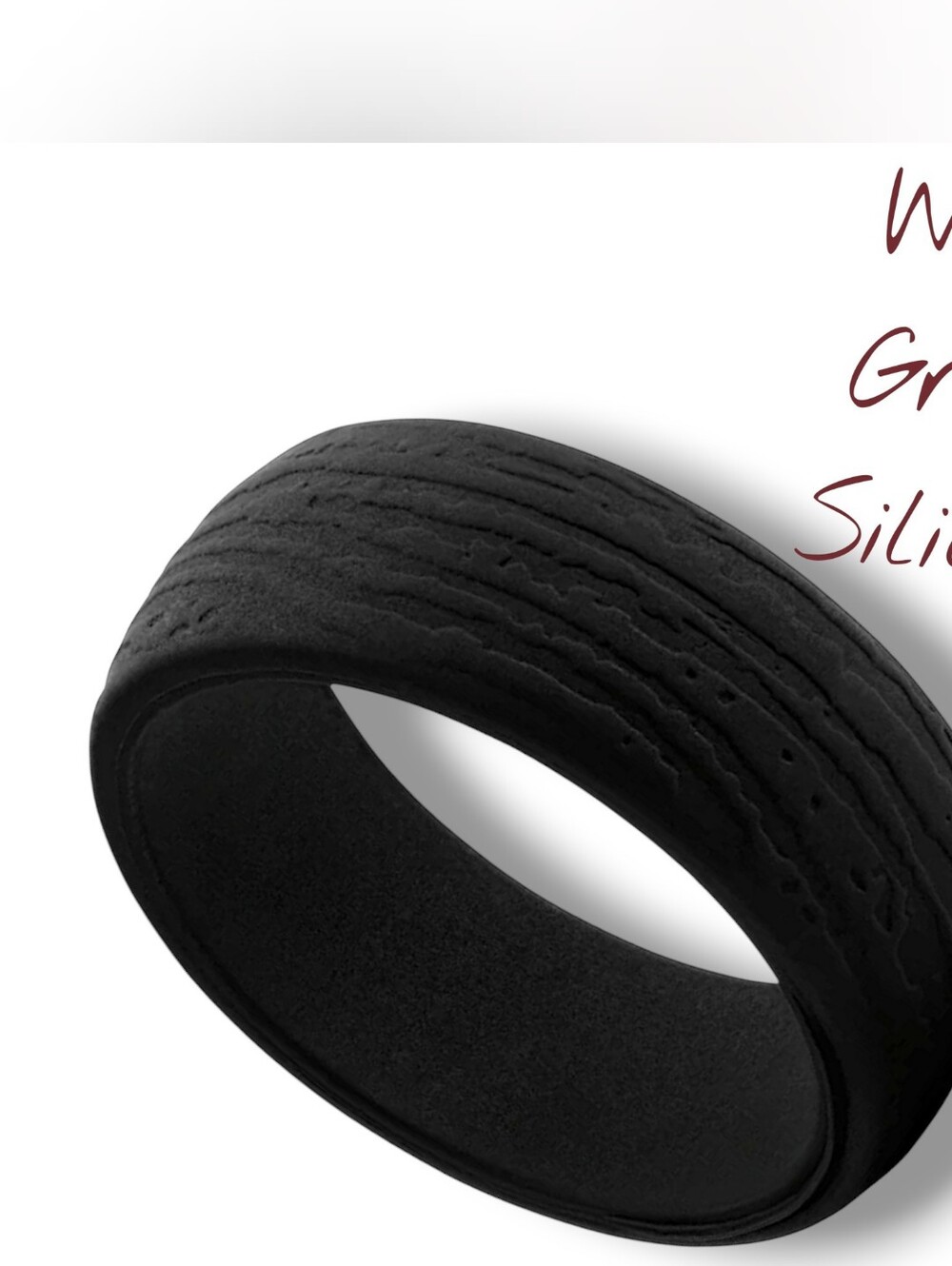Wood Grain Textured Black Silicone Mens Ring - 8.7mm - 9, 10, 11